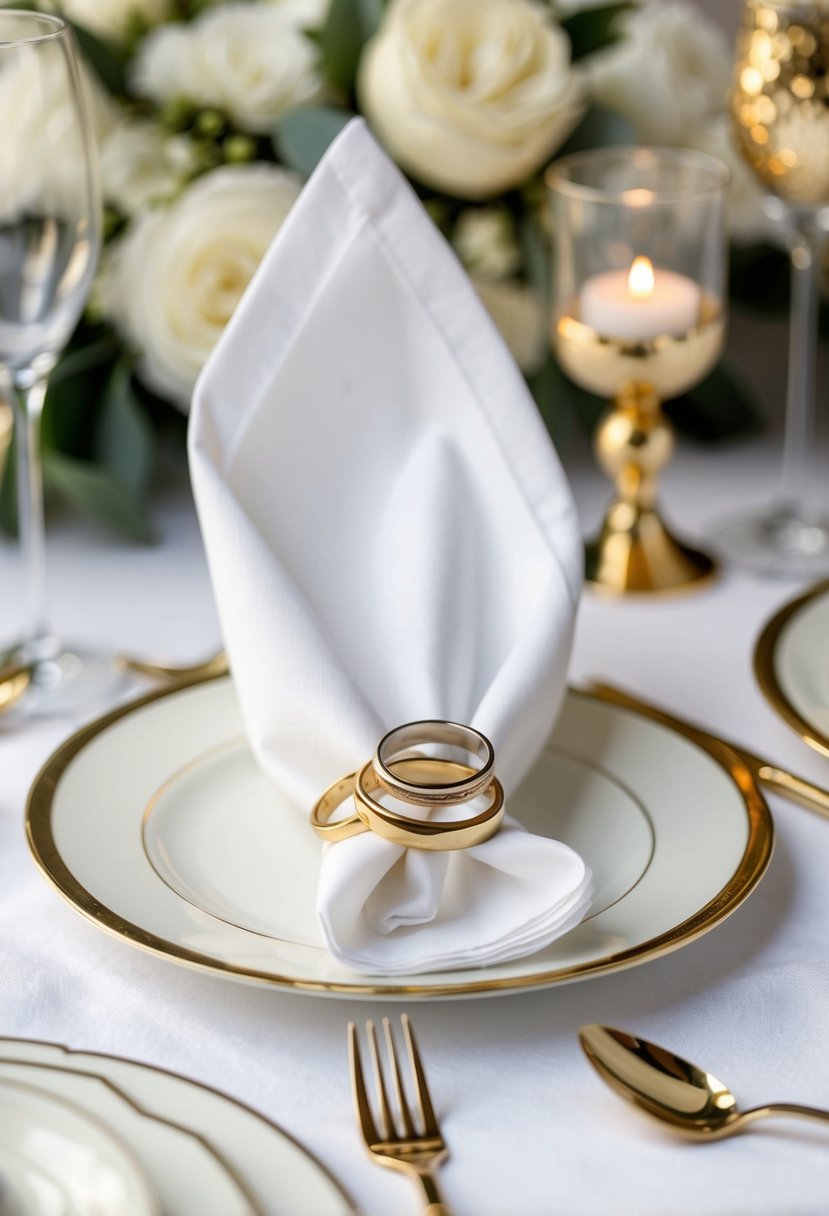 White napkins neatly folded with gold rings on a table, surrounded by elegant gold and white wedding decor