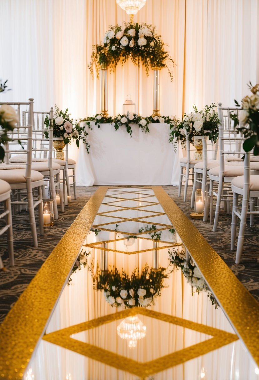 A golden and white mirrored aisle runner leading towards an elegant wedding altar