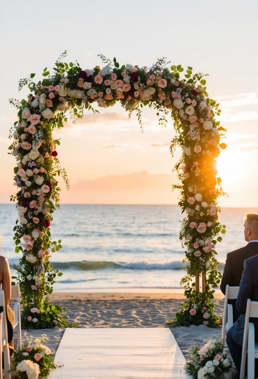 A beachside ceremony with a floral arch and sunset backdrop