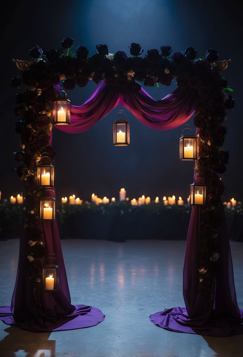 A dark, ornate wedding arch adorned with black roses and draped in deep purple fabric. Candlelit lanterns hang from the arch, casting an eerie glow