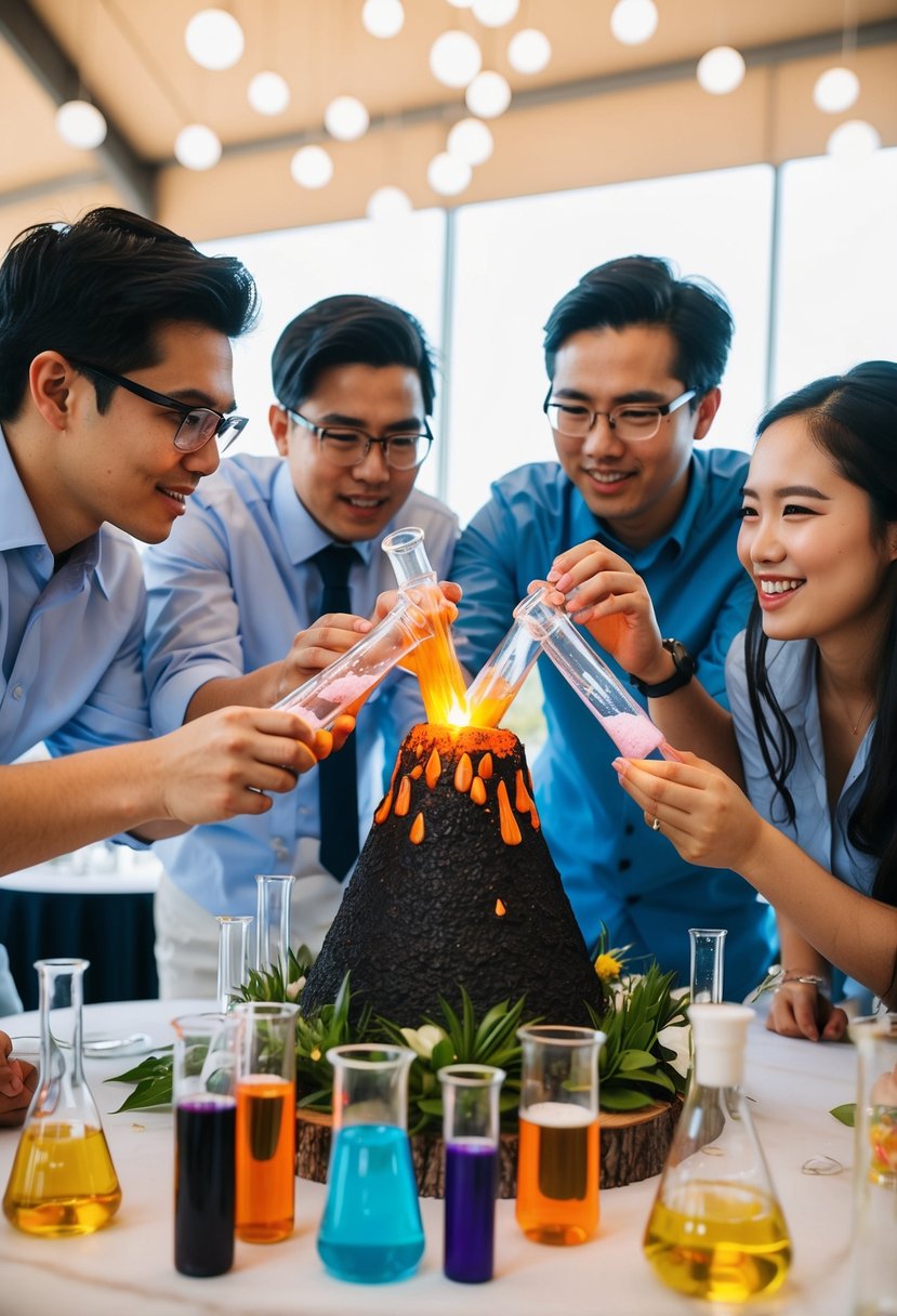 A group of science enthusiasts construct a volcano centerpiece for a wedding, surrounded by test tubes and beakers filled with colorful liquids