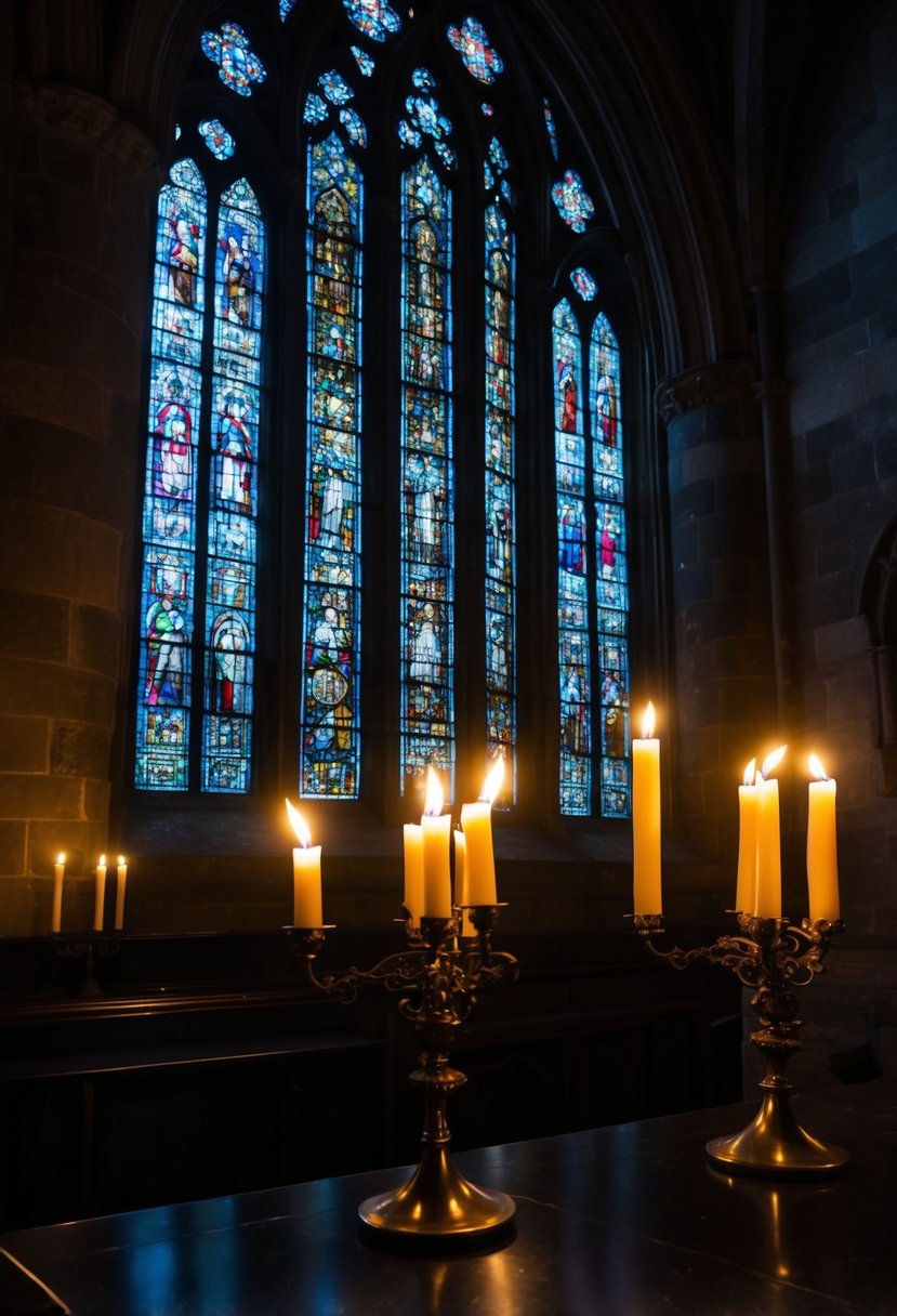 A dimly lit gothic cathedral with ornate stained glass windows and flickering candlelight, casting eerie shadows on the ancient stone walls