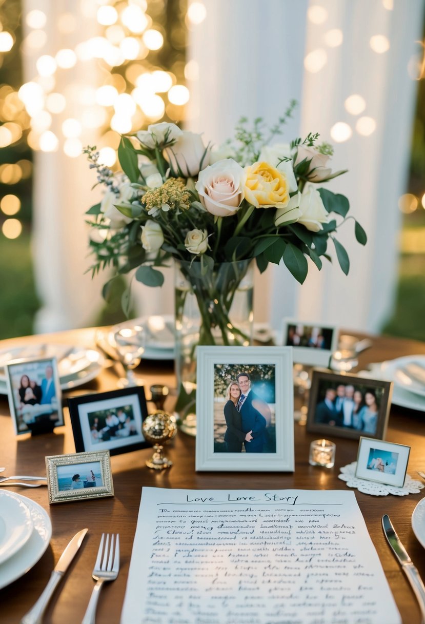 A table adorned with mementos, photos, and a handwritten love story