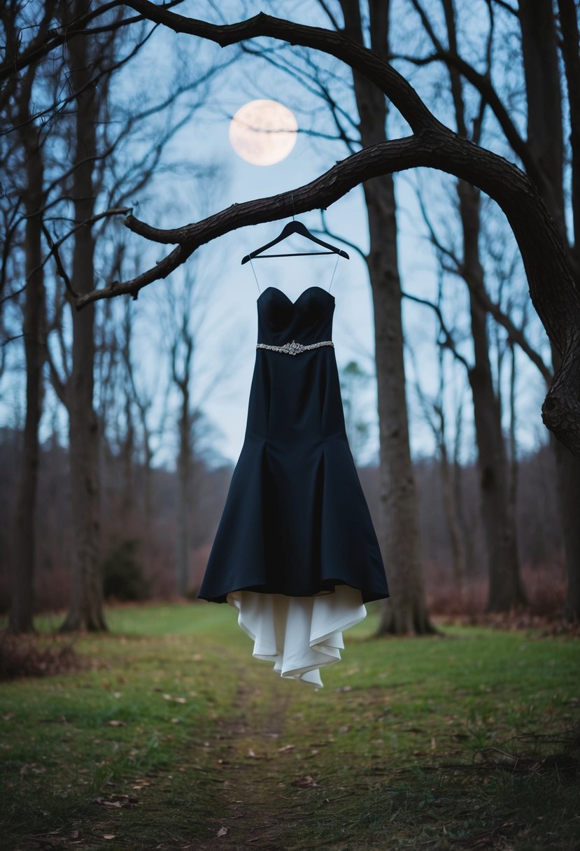 A lone black wedding dress hangs from a twisted tree branch in a moonlit forest