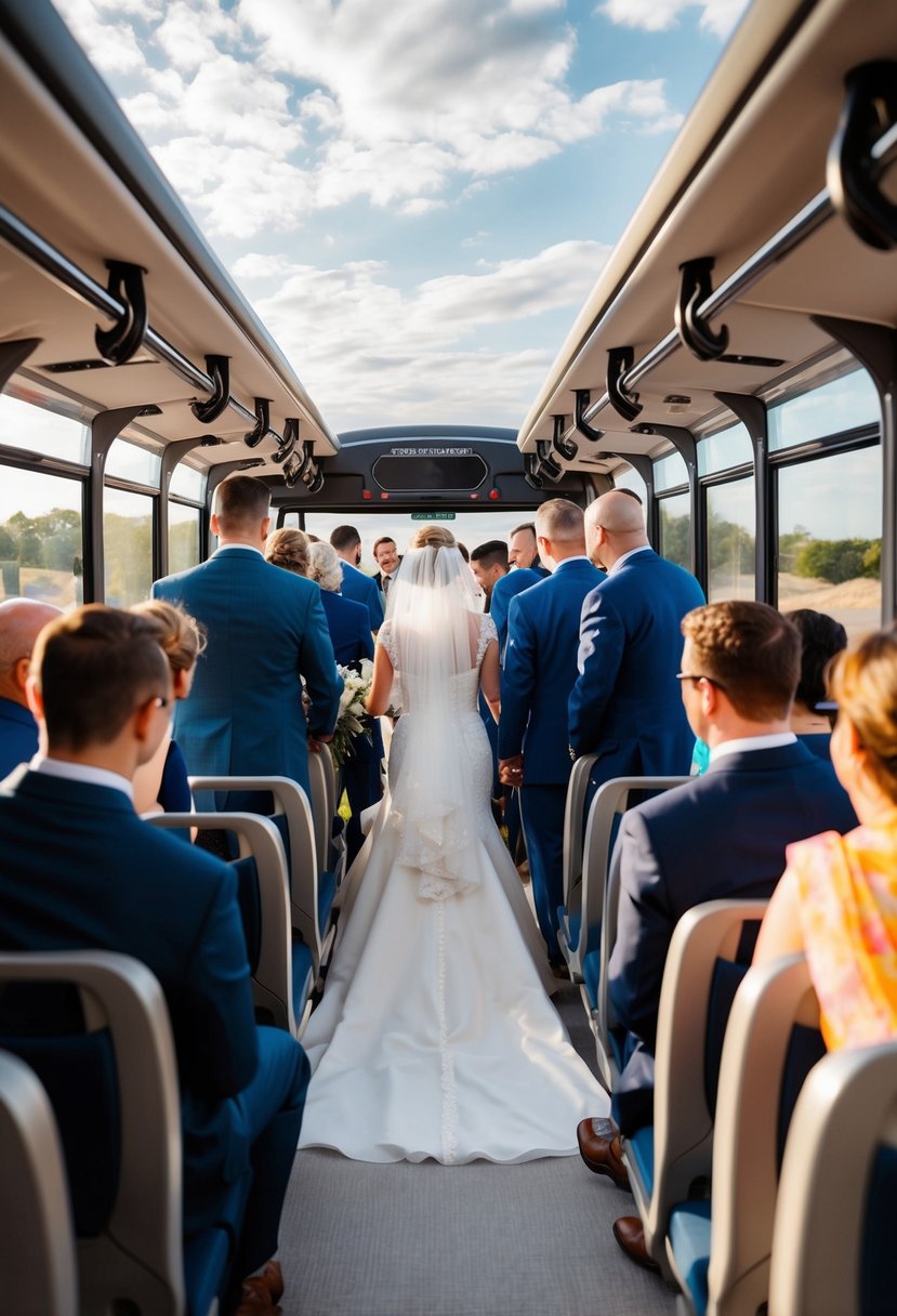 A wedding ceremony with guests boarding a bus for a sightseeing tour