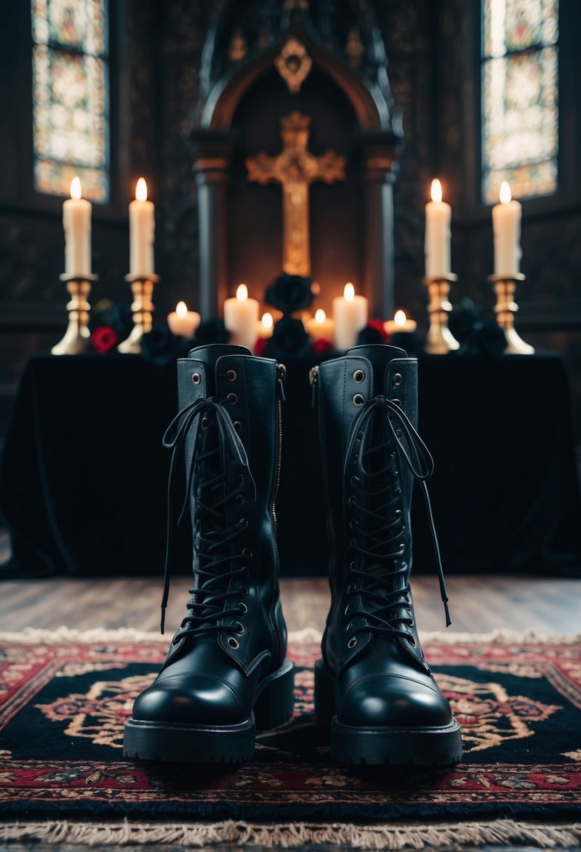 A pair of lace-up combat boots stand on a dark, ornate rug in front of an altar adorned with gothic candles and black roses