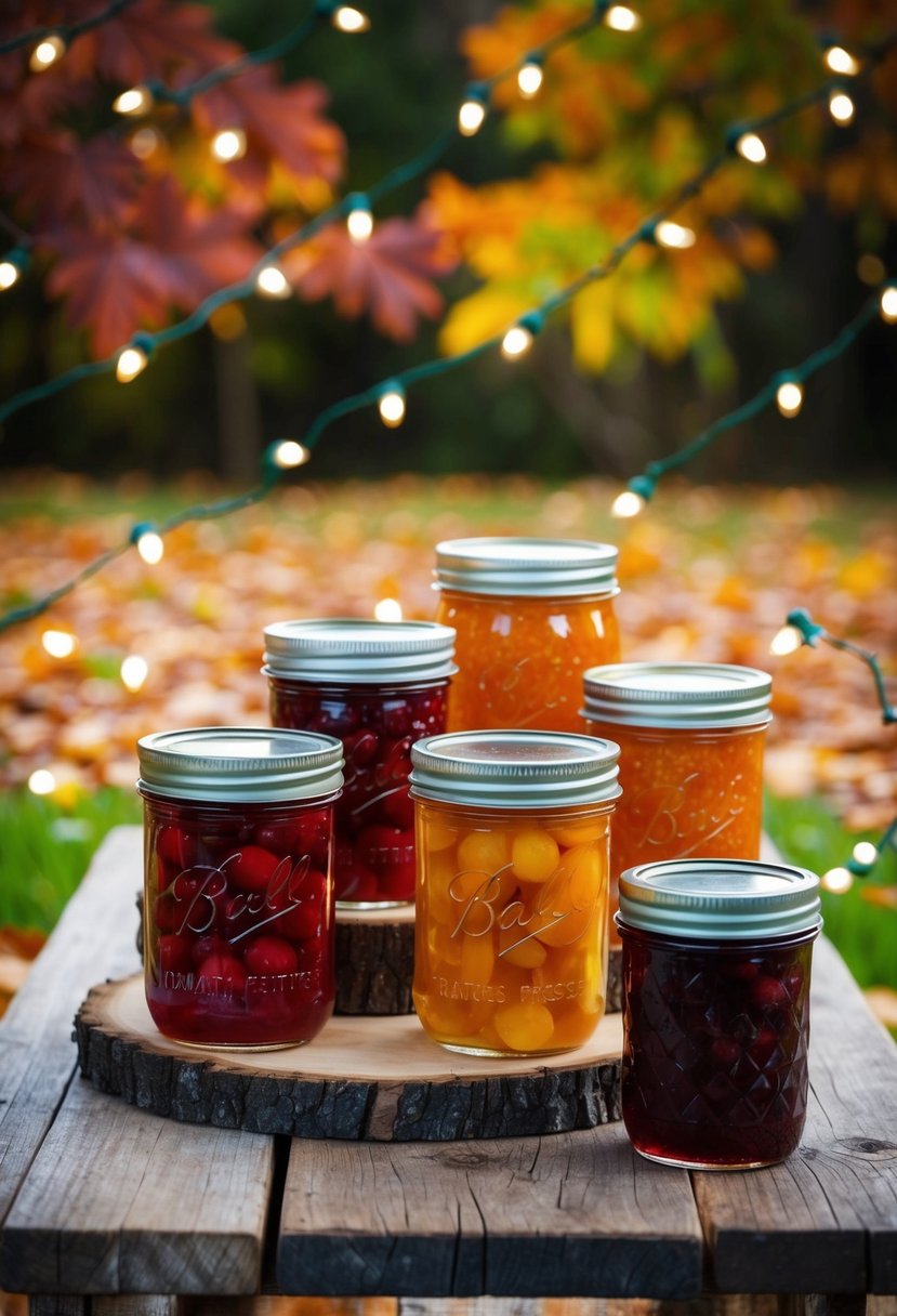 A rustic table displays jars of homemade fruit preserves with a backdrop of autumn foliage and twinkle lights