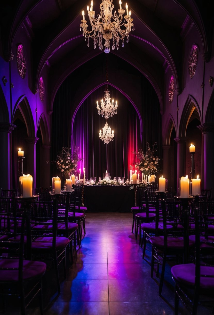 A dimly lit gothic wedding venue adorned with deep purples, blacks, and dark reds, with flickering candlelight casting eerie shadows