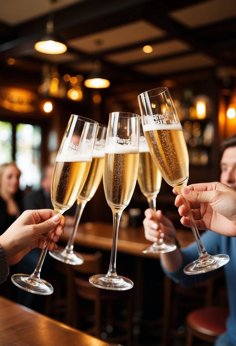 A group of champagne glasses clinking together in celebration at a cozy local pub, with a warm and lively atmosphere