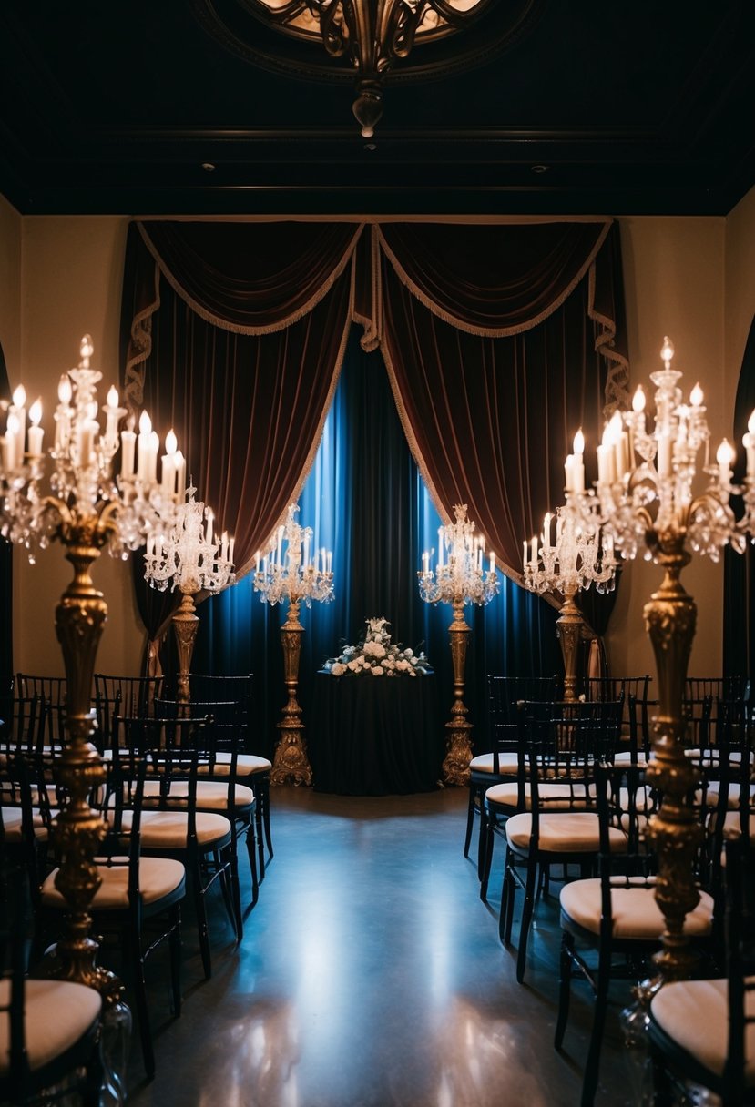 A dimly lit room with velvet drapes, ornate candelabras, and gothic decor sets the stage for a hauntingly beautiful wedding