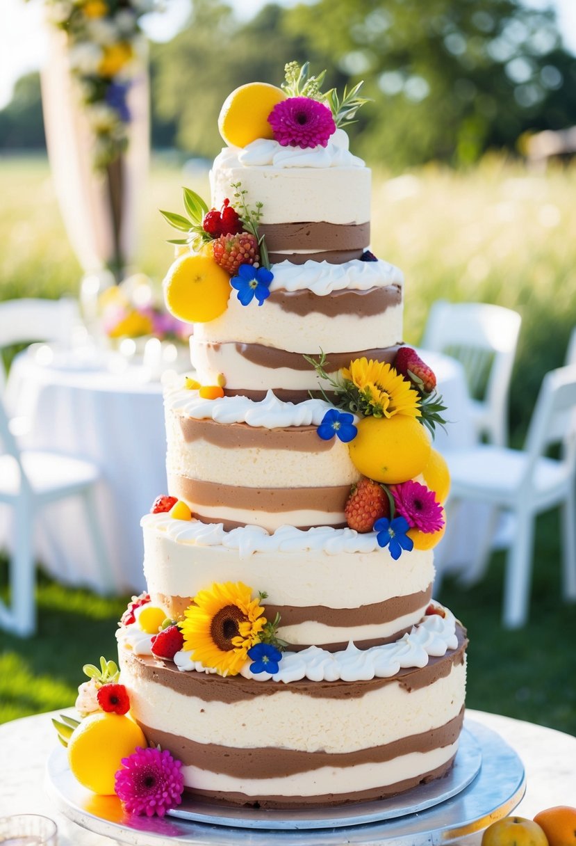 A towering ice cream wedding cake adorned with colorful summer flowers and fruits, set against a sunny outdoor wedding backdrop