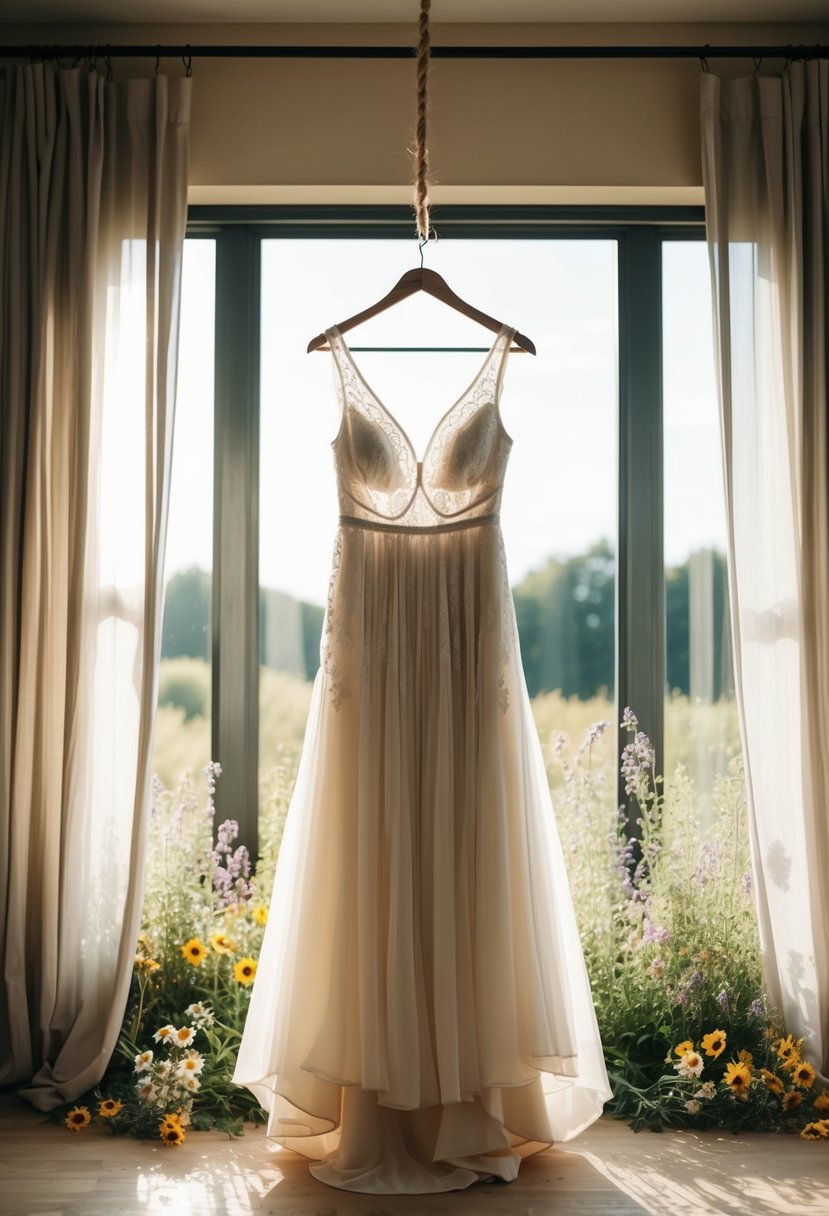 A bohemian wedding dress hangs on a rustic wooden hanger in a sunlit room with flowing curtains and wildflowers