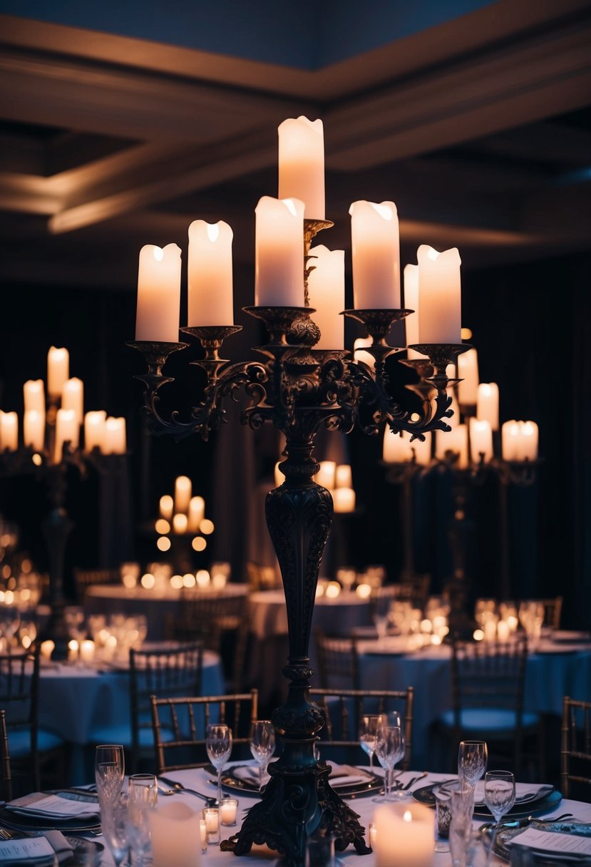 Gothic candelabras cast eerie shadows on ornate tables at a dark and moody wedding reception