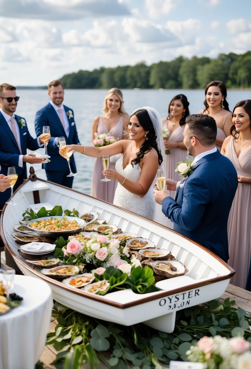 An oyster boat adorned with flowers and wedding decor, serving champagne and appetizers to a happy couple and their guests