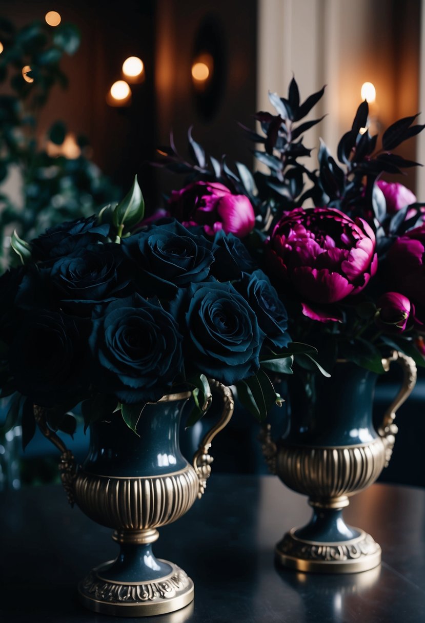 A dimly lit room with black roses, deep red peonies, and dark foliage arranged in ornate vases