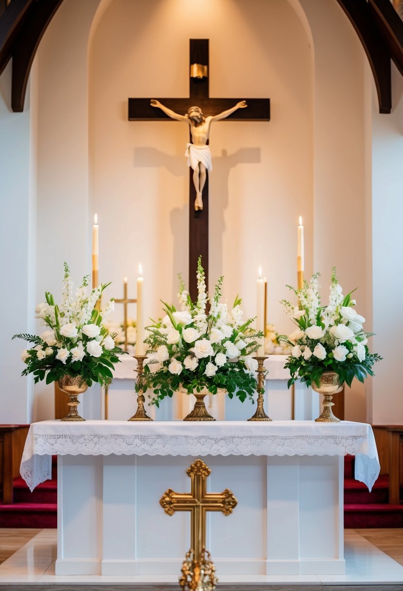 A beautiful church altar with white flowers, candles, and a cross