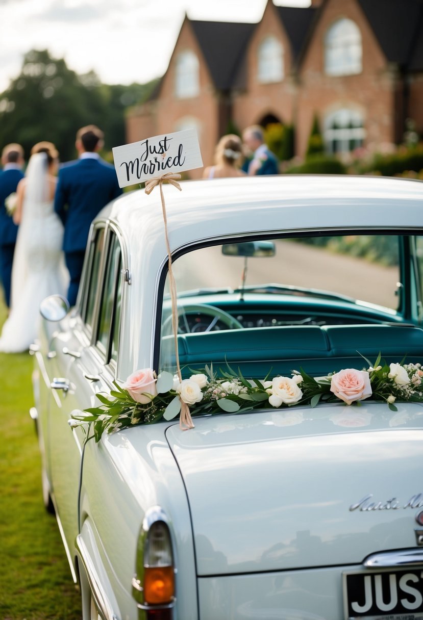 A vintage car adorned with flowers and ribbons, "Just Married" sign on the back, driving away from a wedding venue