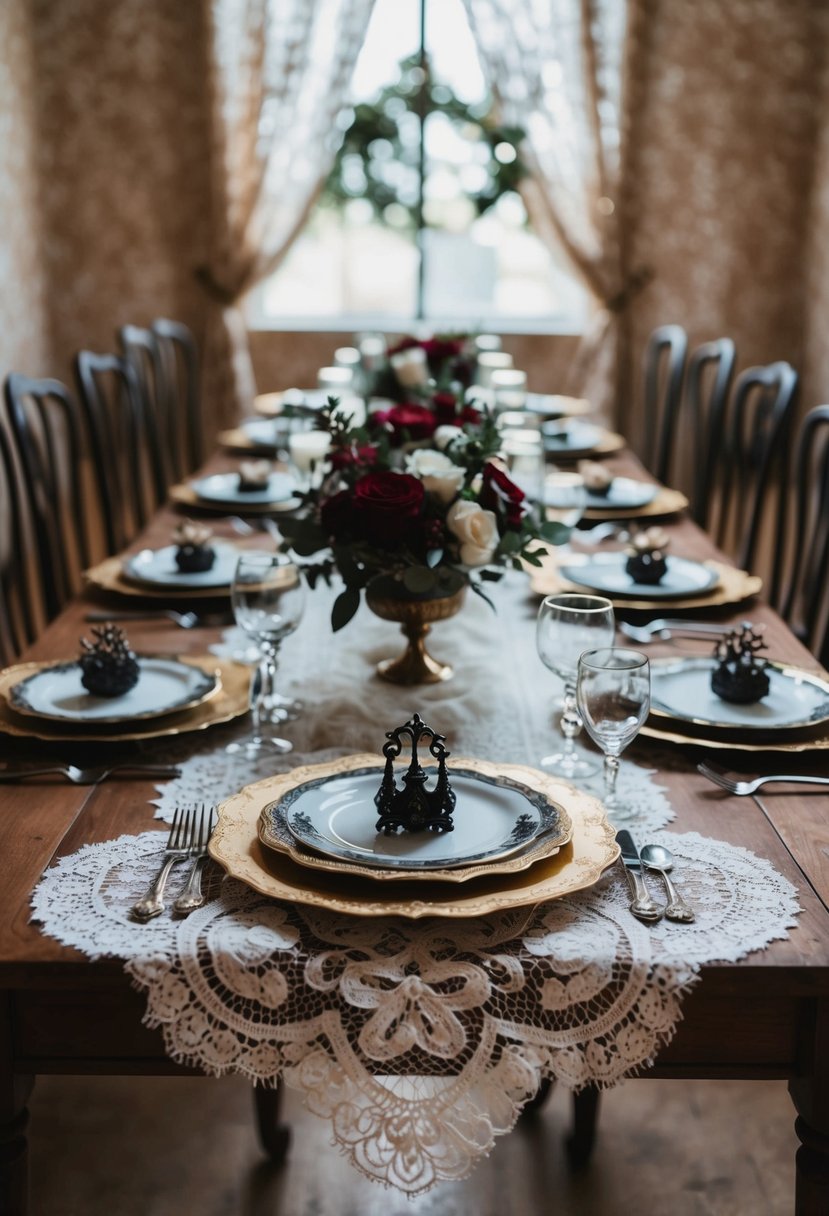 A vintage lace table setting with gothic wedding decor