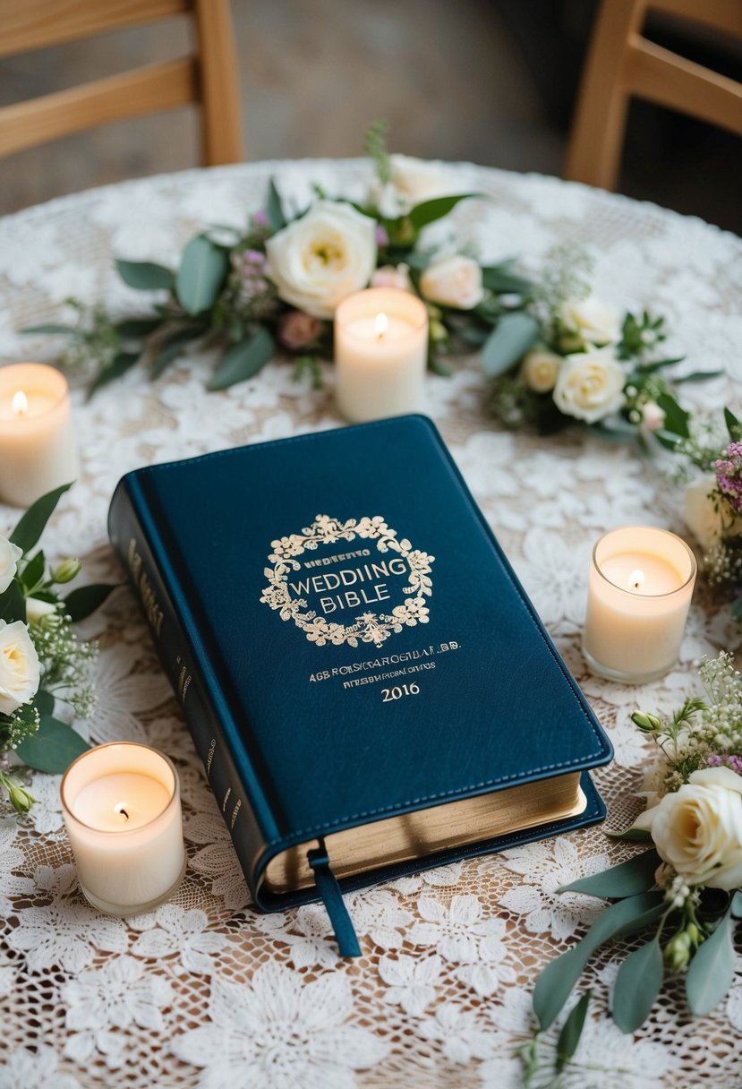 A wedding Bible with a custom cover design sits on a lace-covered table surrounded by delicate flowers and candles