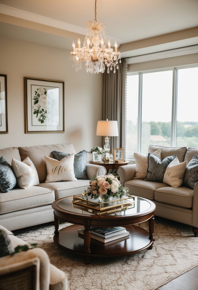 A cozy, elegant living room with personalized wedding decor and luxurious touches