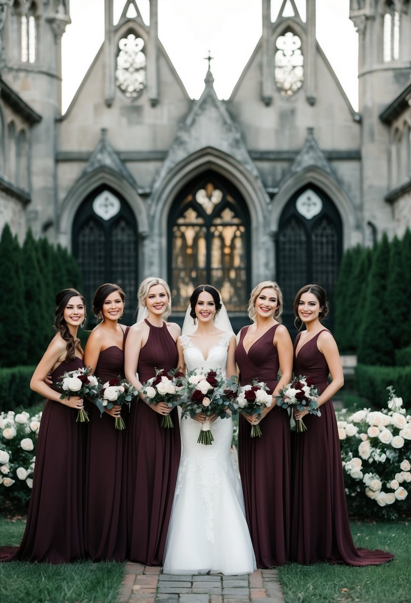 A group of bridesmaid dresses in dark burgundy, set against a backdrop of gothic-inspired decor and architecture