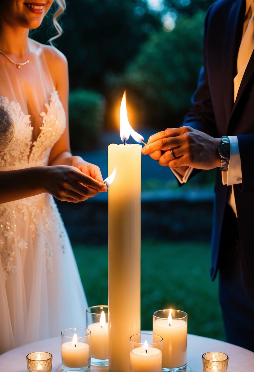 A bride and groom each light a candle, then use their flames to light a larger, central candle, symbolizing their unity in marriage