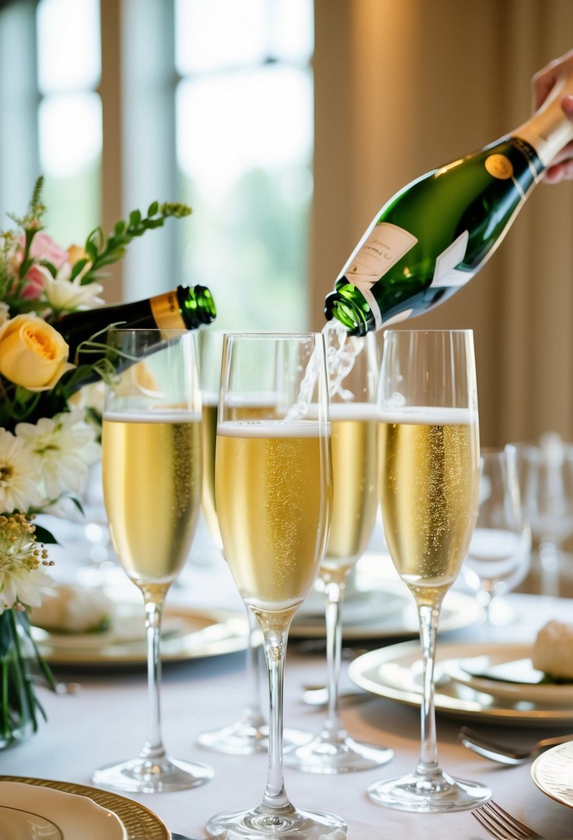 A group of champagne glasses clink together over a table set with elegant dishes and floral centerpieces