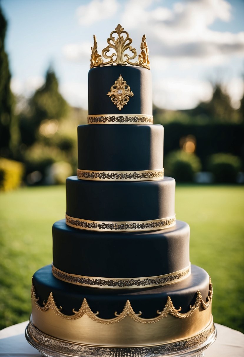 A black and gold tiered wedding cake with ornate gothic details