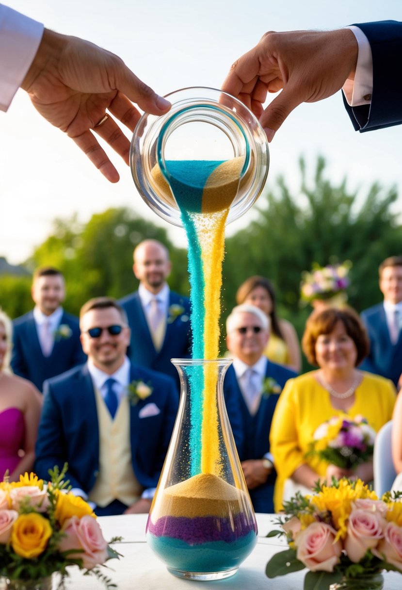 Vibrant colored sand pours into a unity vessel, blending in a beautiful 2nd wedding ceremony