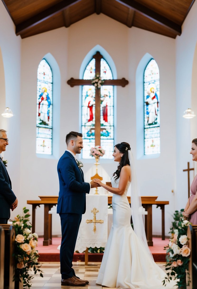 A couple exchanging vows in a church with a cross and flowers