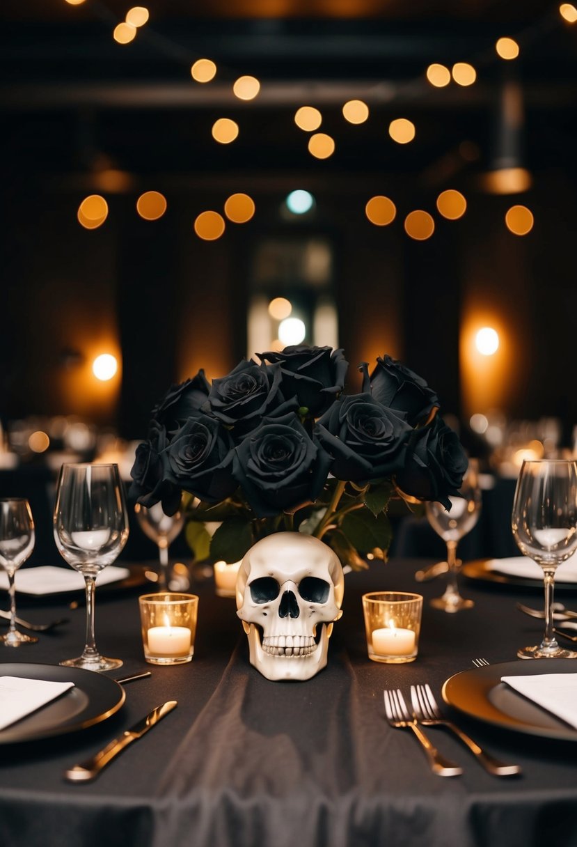 A dimly lit banquet table adorned with black roses and skull centerpieces