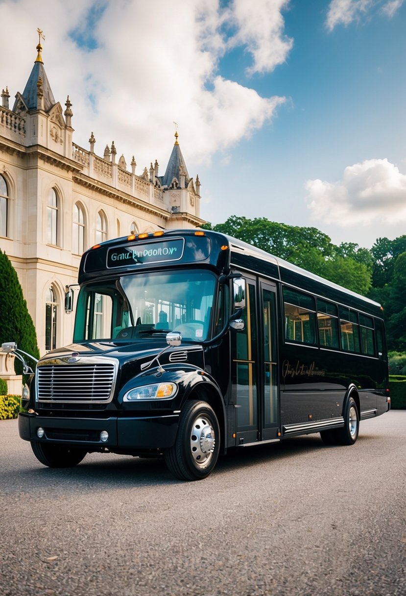 A luxurious bus parked outside a grand ceremony venue, ready to transport guests to a fancy lunch