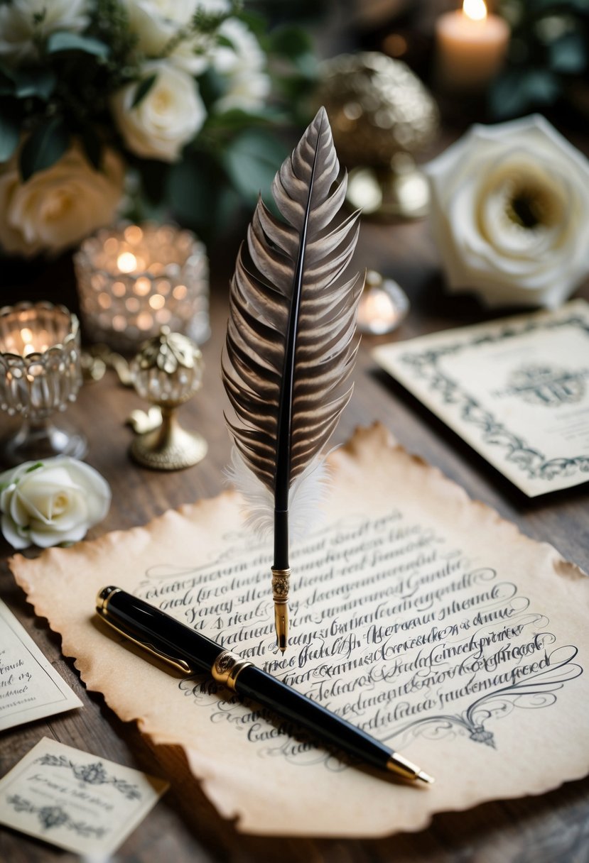 A vintage-inspired quill pen poised over a piece of parchment with intricate gothic calligraphy, surrounded by ornate stationery and wedding decor