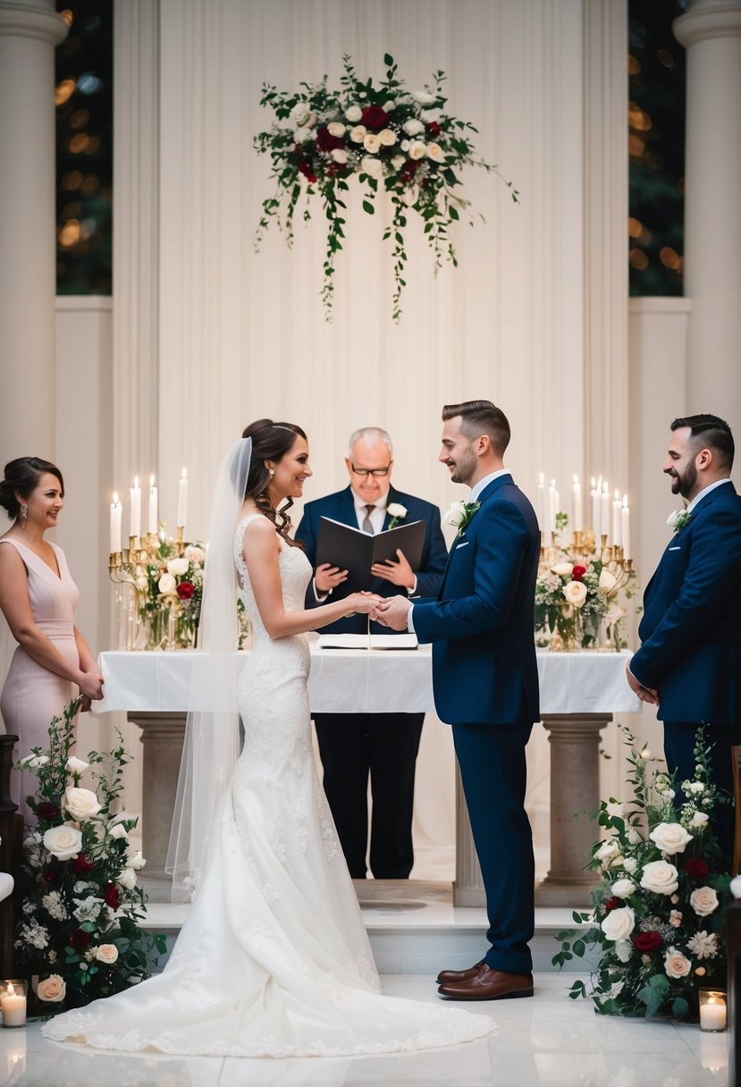 A bride and groom stand at the altar, surrounded by flowers and candles, as they exchange handwritten vows