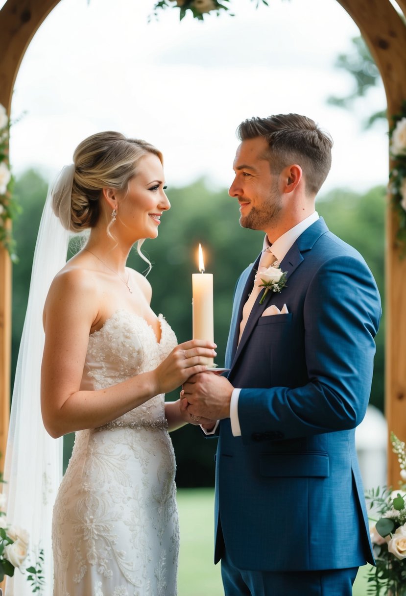 A bride and groom stand side by side, holding a single candle together, symbolizing their unity in a Christian wedding ceremony