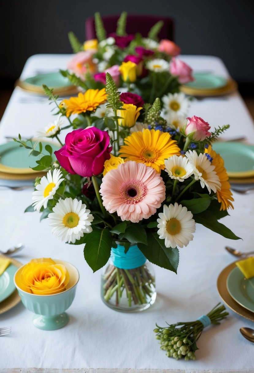 A table with a variety of flowers, including roses and daisies, arranged in a DIY bouquet