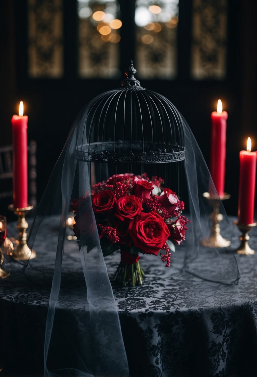 A black birdcage veil drapes over a blood-red bouquet on a dark, ornate table. Crimson candles flicker in the dimly lit, gothic wedding setting