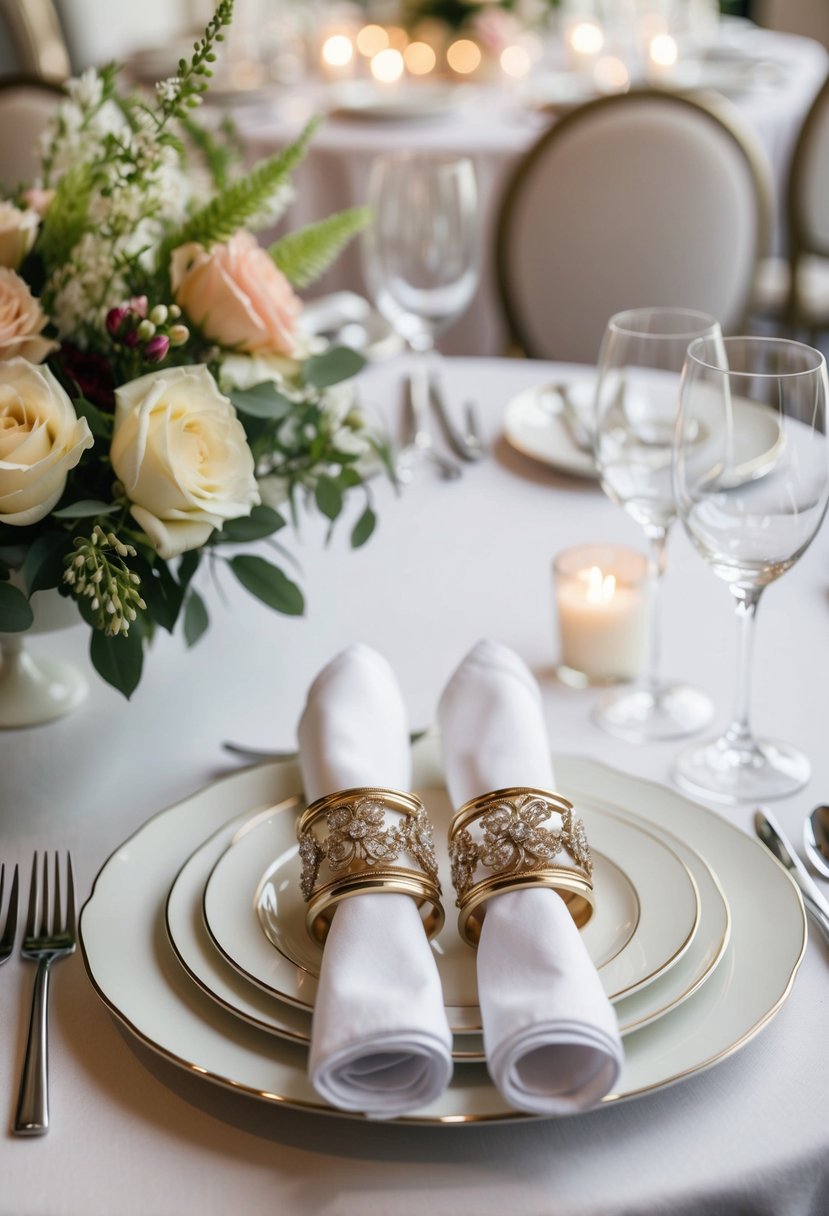 Customized napkin rings arranged on a table with elegant tableware and floral decor for a second wedding celebration