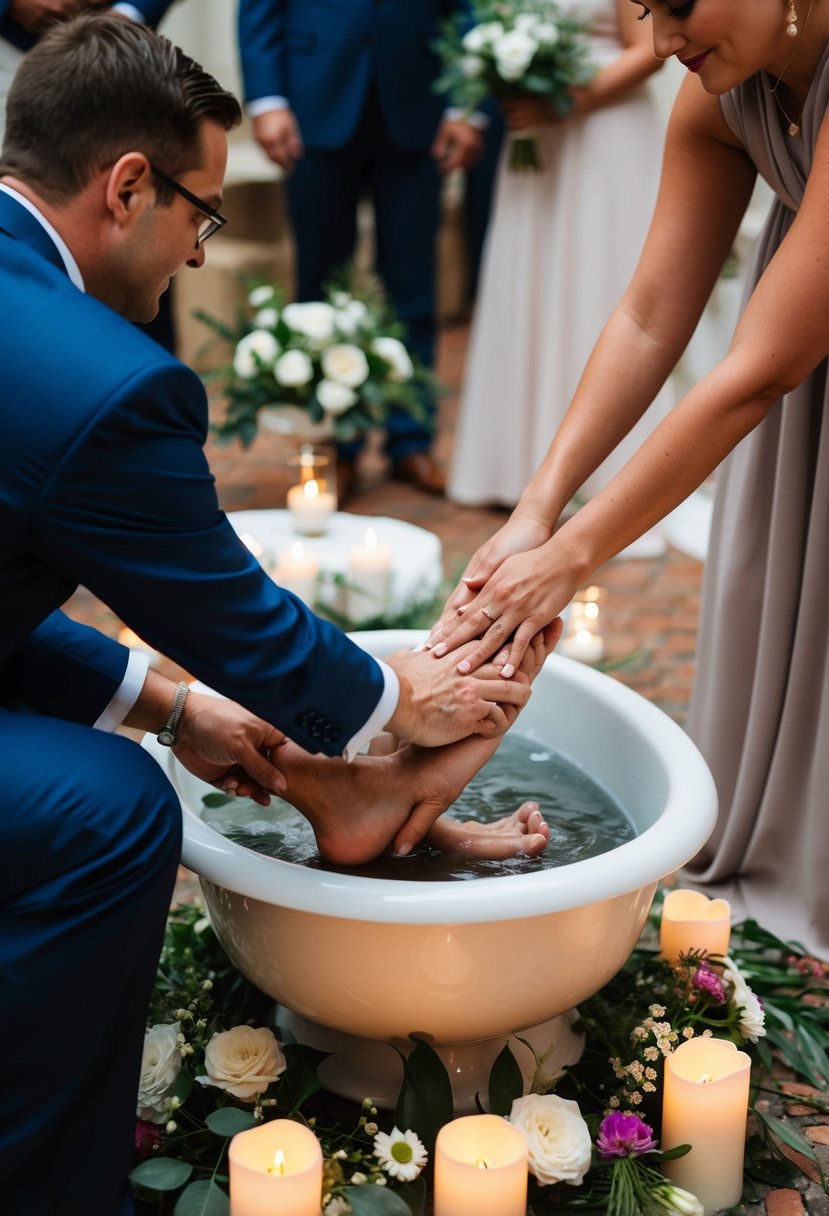 A couple's feet are being washed in a ceremonial basin, surrounded by flowers and candles, symbolizing humility and service in a Christian wedding