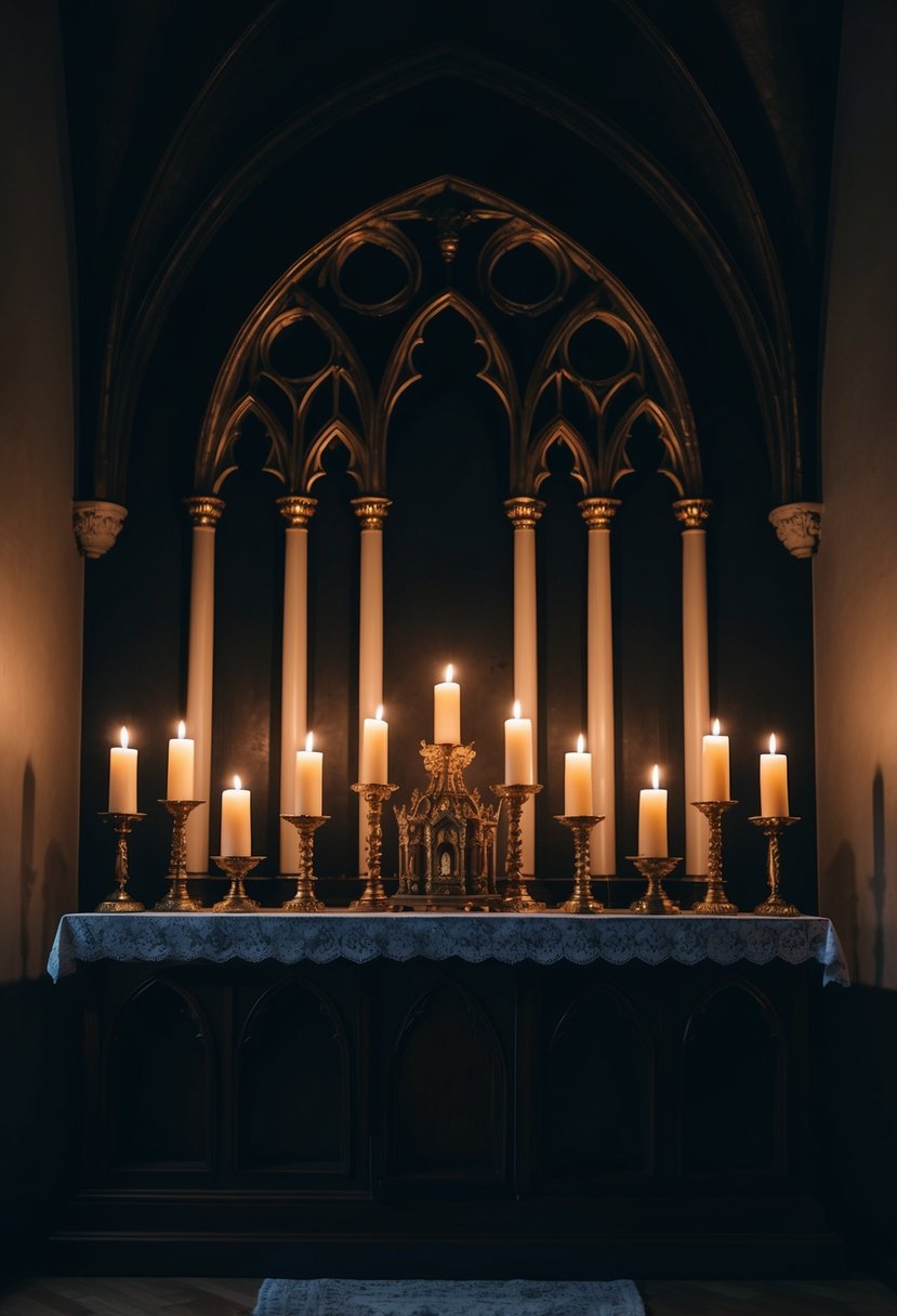 Dimly lit altar with flickering candles, ornate gothic arches, and eerie shadows