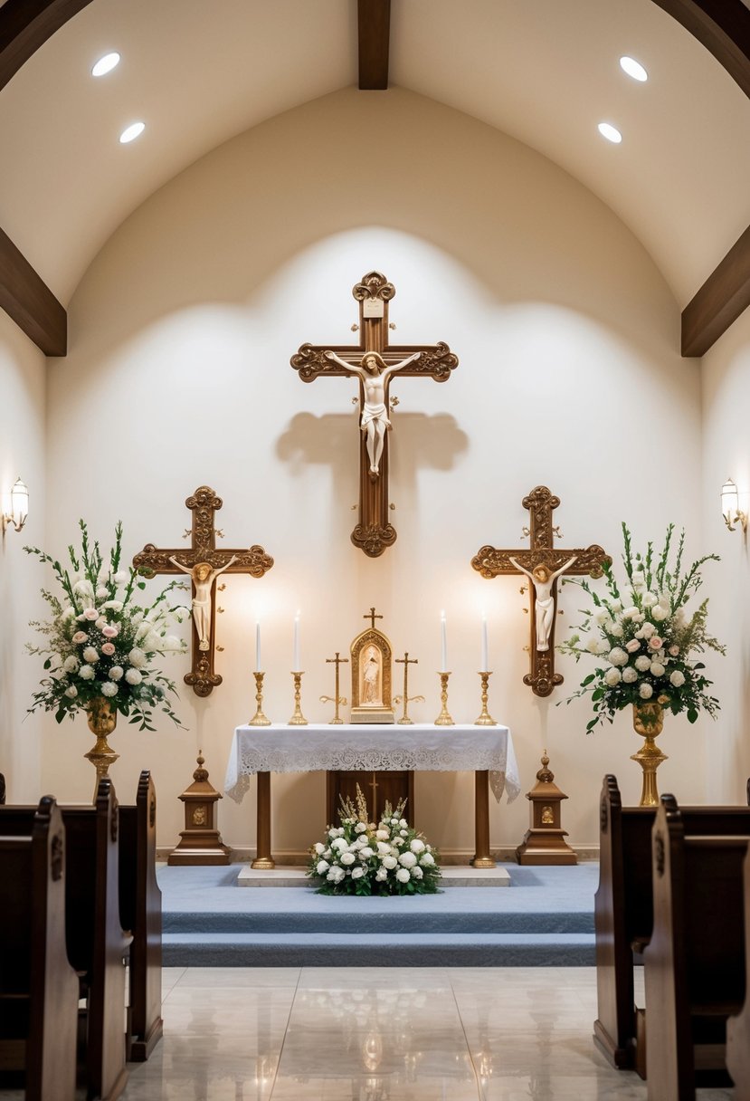 A serene chapel with soft lighting, adorned with ornate crosses and floral arrangements, featuring a dedicated prayer space