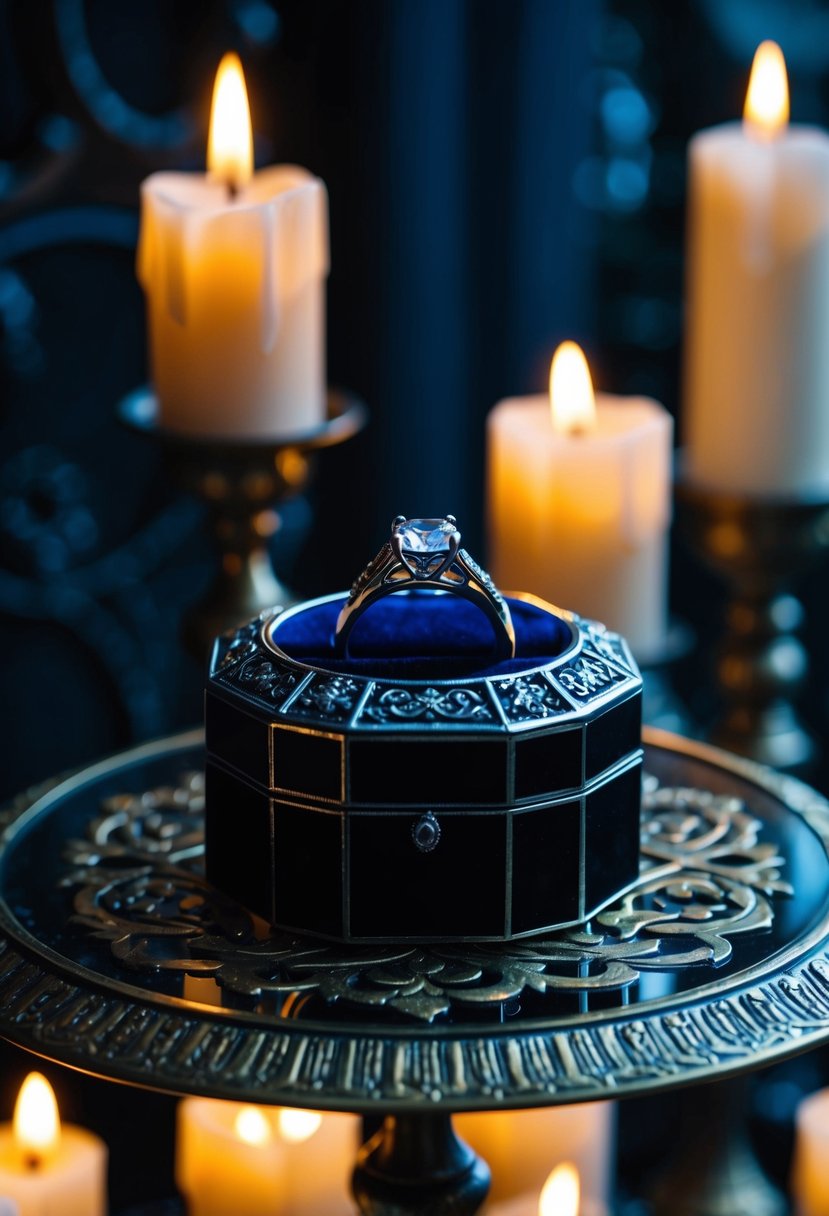 A custom gothic ring box on a dark, ornate table with candlelight