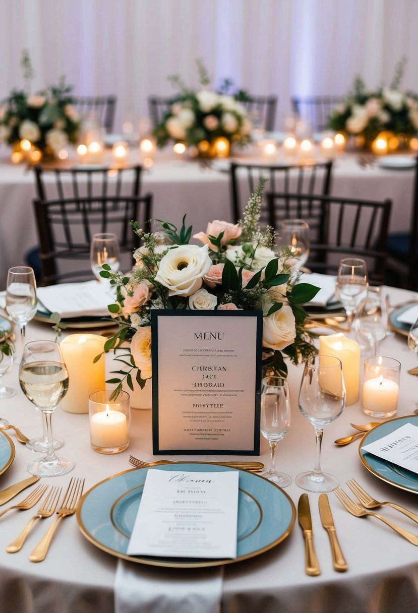 A beautifully set table with elegant place settings, adorned with floral centerpieces and candlelight, featuring a menu of gourmet dishes inspired by Christian wedding traditions