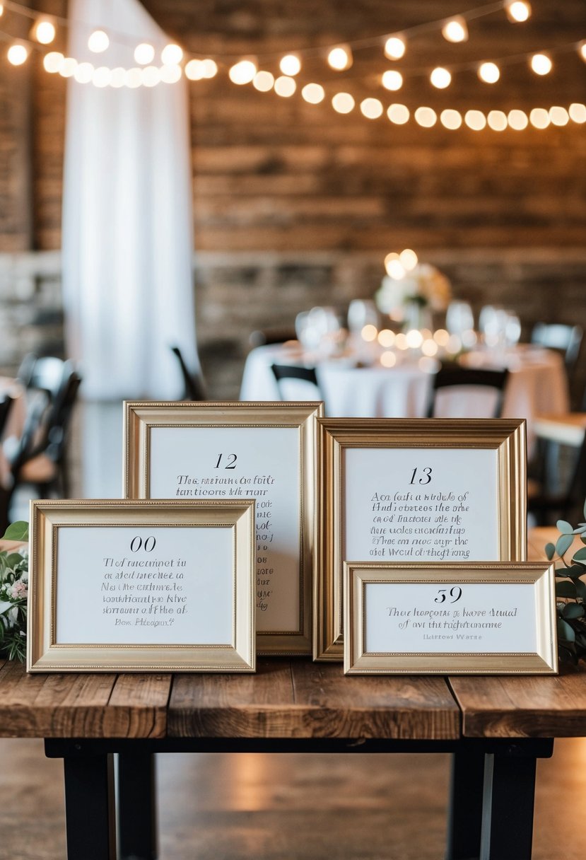 A rustic wooden table with numbered Bible verses displayed in elegant frames for a Christian wedding reception