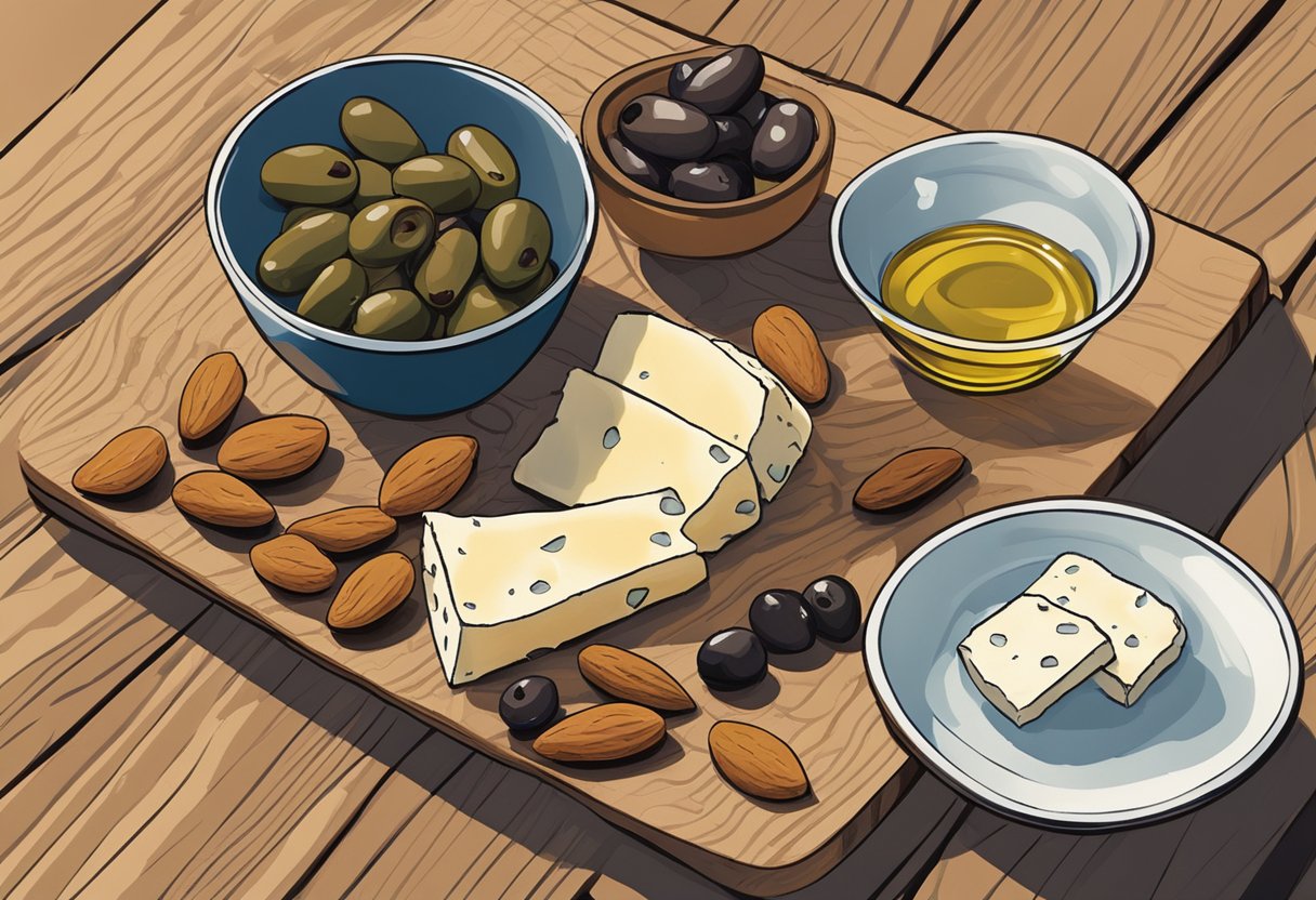 A plate of biltong strips, almonds, and cheese cubes arranged on a wooden board. A glass of water and a small bowl of olives sit nearby