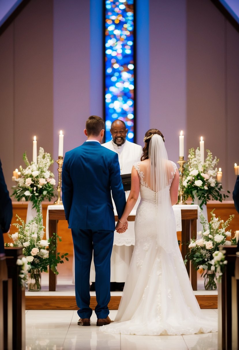 A bride and groom stand at the altar, surrounded by candles and flowers, as a worship song fills the air