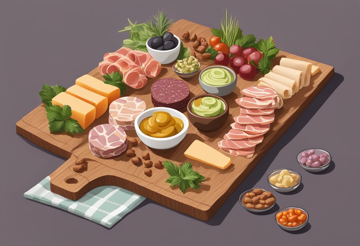 A platter of mini charcuterie wraps arranged on a wooden board with a variety of keto-friendly ingredients, surrounded by elegant theater decor