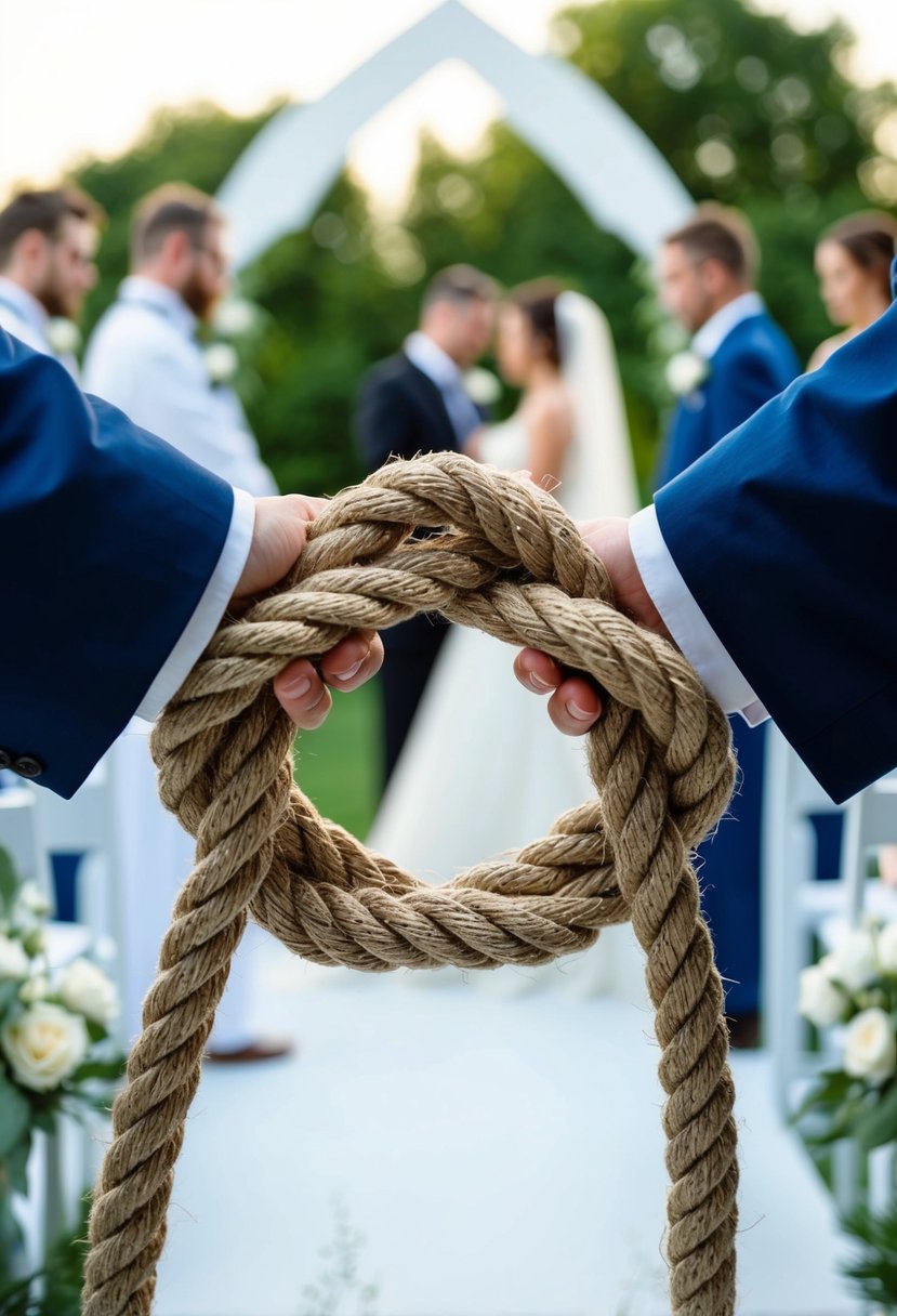 A pair of intertwined ropes forms a unity knot, symbolizing the bond of marriage, set against a backdrop of a Christian wedding ceremony