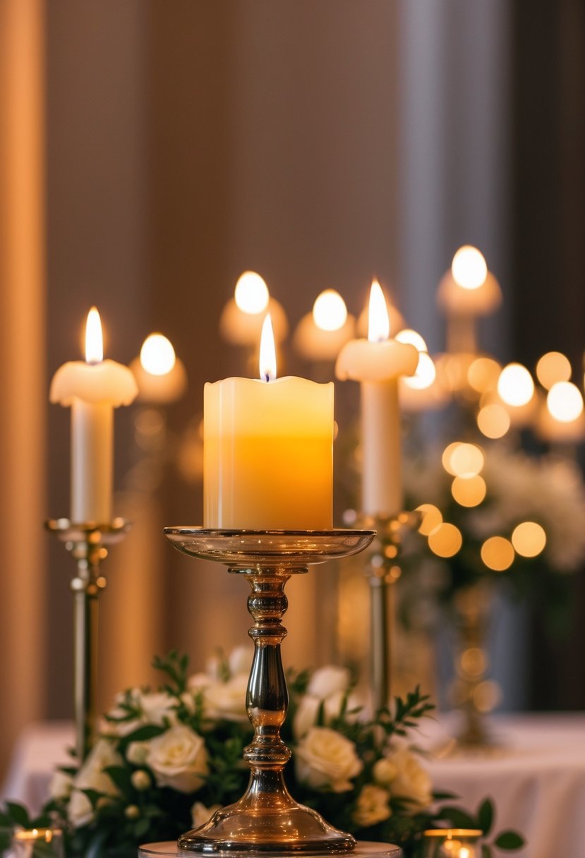 A warm, soft glow emanates from the Christ candle, casting a serene and reverent atmosphere over the wedding ceremony