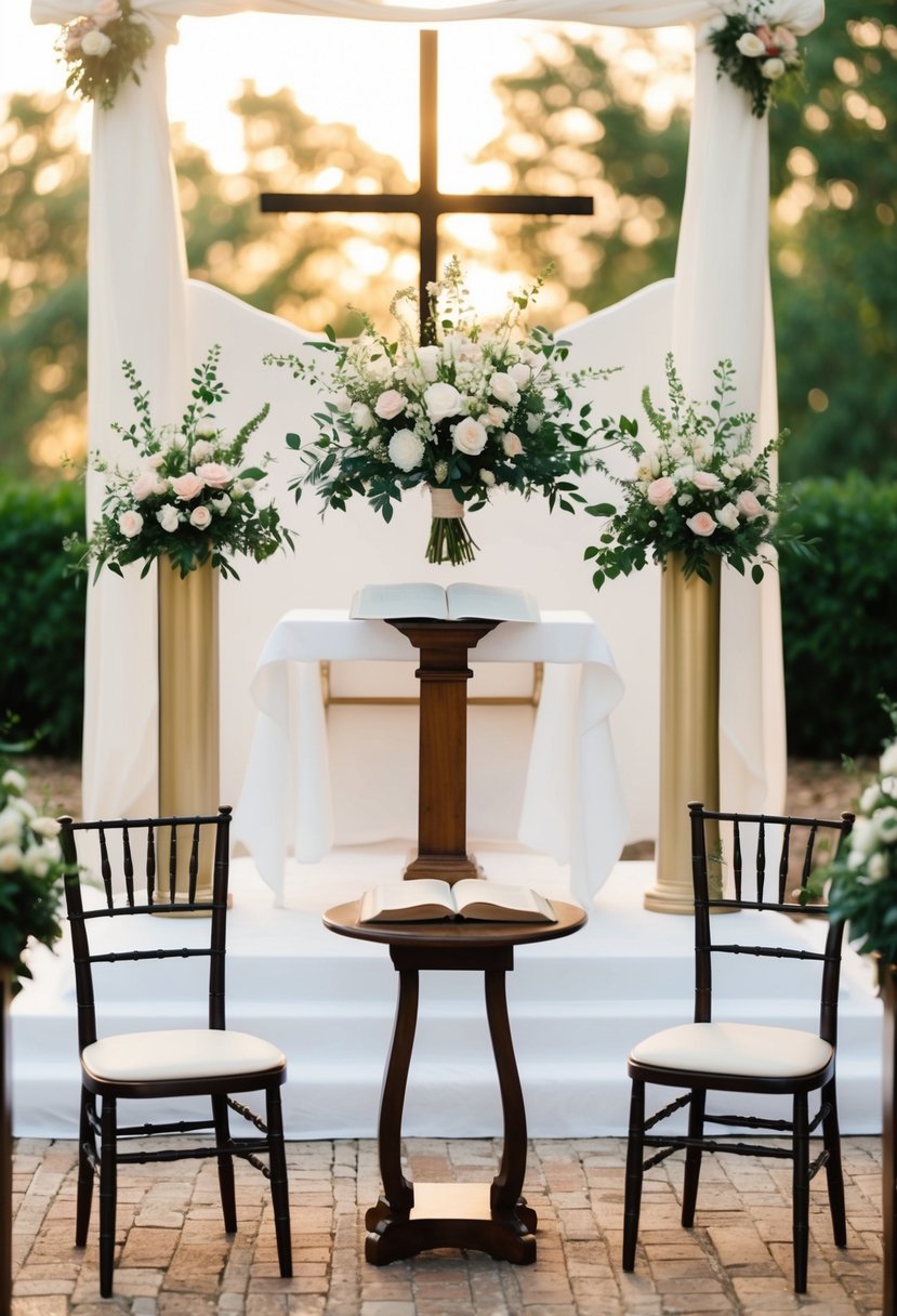 A peaceful wedding altar with two chairs, a Bible, and a bouquet of flowers